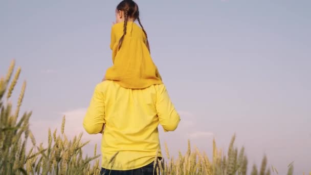 快乐的孩子，父亲在麦田里玩耍。小女儿骑在农夫父亲的肩上，在蓝天的映衬下，走在麦田里。女儿，爸爸夏天在外面散步. — 图库视频影像
