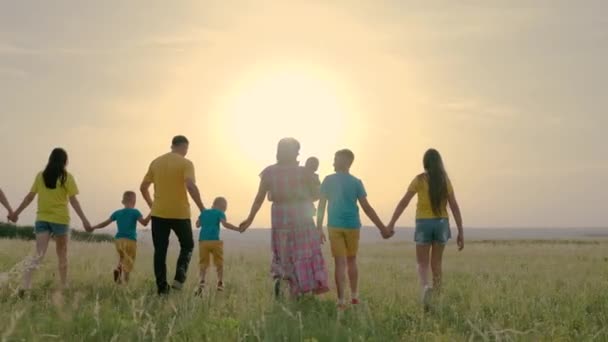 Familjesemester. Glad stor familj promenader med barn på planen. Folk i parken. Pappa, mamma med söner, dottern går med händerna i parken. Lyckliga barn. Föräldrar och glada barn får vila på sommaren. — Stockvideo