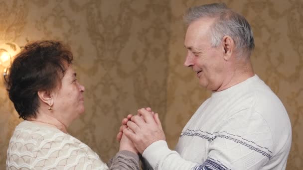 Feliz pareja de ancianos casados abrazo, con amor mira a su amigo. Feliz hombre y mujer adultos tomándose de las manos en casa, vacaciones familiares. Abuelos, marido y mujer, cuidándose unos a otros — Vídeo de stock