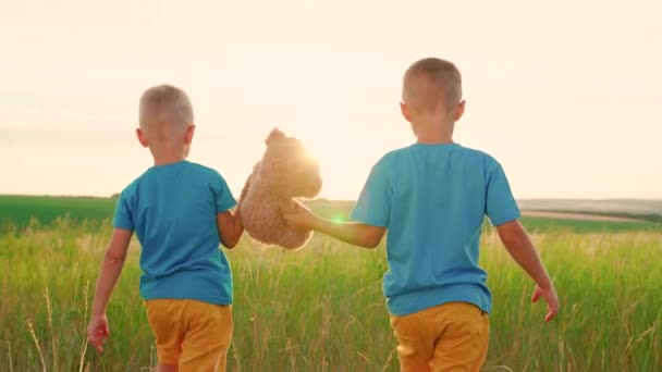 Fiúk, a gyerekek játékmacival játszanak a parkban. Aranyos gyerekek plüssmackóval a zöld mezőn. Boldog srácok játszanak a kedvenc játékukkal Teddy macival a parkban a zöld mezőn. Teddy maci a gyermek kezében — Stock videók