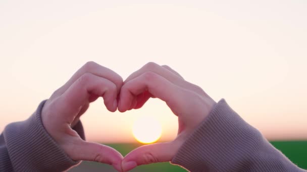 Mostrando con le mani un simbolo del cuore al tramonto, viaggiando felicemente liberamente nella vita, amando i raggi del sole, un uomo romantico che fa un segno valentino figura bastone sullo sfondo del cielo, gesto di salute — Video Stock