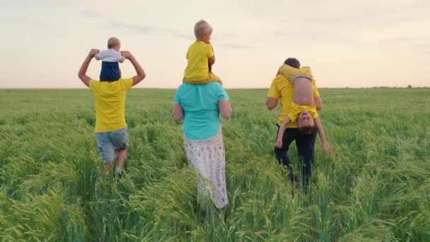 Happy family walk with children in the wheat field. Mom, dad and sons walk together in the park in summer. Concept of happy family child play. Parents, cheerful children have a rest together outdoors — Stock Video