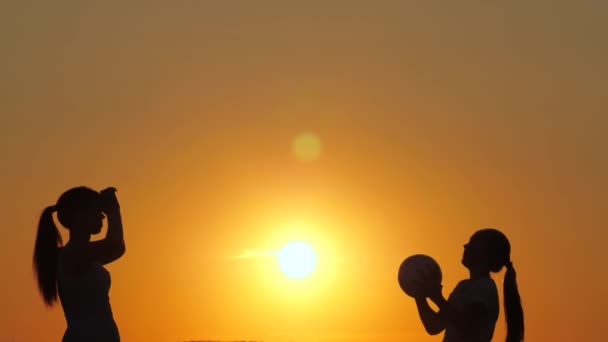 妈妈和女儿在日落时带着球在公园里打排球,轮廓.日落时，一家人在海滩上玩球玩得很开心。快乐的家庭和童年的概念。暑期家庭露营 — 图库视频影像
