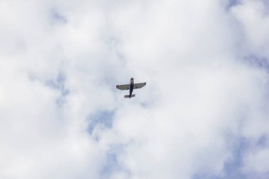 A private sports plane flying high in a cloudy sky. THe airplane is shot from below.