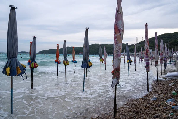 Deniz kıyısında bir sürü şemsiye asılı, büyük korkunç dalgalar..