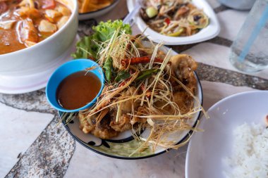 Soslu ve sebzeli kızarmış tavuk. Sebzelerle süslenmiş.