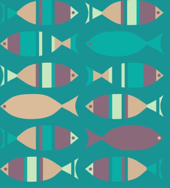 Stilize edilmiş soyut dekore edilmiş şirin balık seti simgeleri. Su altı dünyasının kusursuz deseni. Tatlı su akvaryumu çizgi filmi. Tekstil, kumaş, yüzey ve ambalaj, baskı ve çocuklar için düz geometrik tasarım