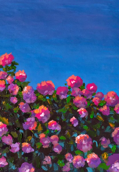 Oil painting flowers,beautiful bush of pink roses flower garden on canvas. Impressionism red peony flowers in green leaves against blue sky artwork.