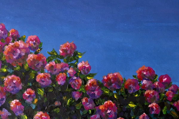 Oil painting flowers,beautiful bush of pink roses flower garden on canvas. Impressionism red peony flowers in green leaves against blue sky artwork.