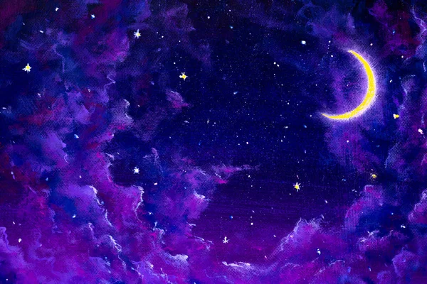 Oil painting art background Big glowing moon and Velvet Violet clouds in starry night sky artwork background painting on canvas. Modern fine art