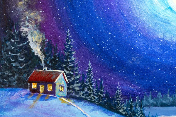 Christmas new year fairy painting, christmas tree and snowman in winter night magic forest oil paintings on canvas, fairy art background