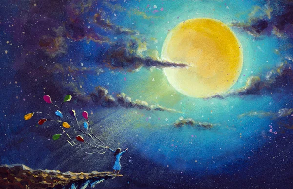 Painting romantic girl with colorful balloons on rock in night on blue sea, large glowing planet moon in cloud Fantasy fine art paint concept for fairytale paintings, illustration background artwork for book