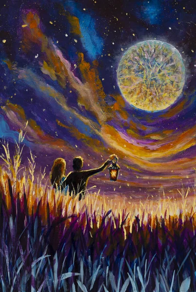 Love painting romantic mystic lovers on beautiful night. Date of lovers in light of lanterns and large moon in forest concept for fairytale paintings, artwork background artwork