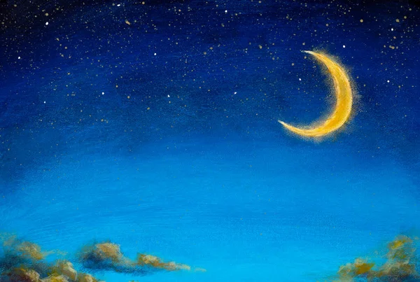Big moon in starry night sky Oil painting on canvas beautiful warm clouds in summer sky - painting fragment