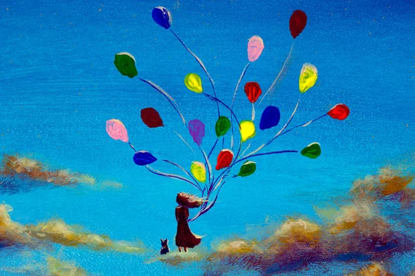 Fantasy art romantic painting girl with balloons and cat on clouds in sky illustration for book of fairy tales and fantasy