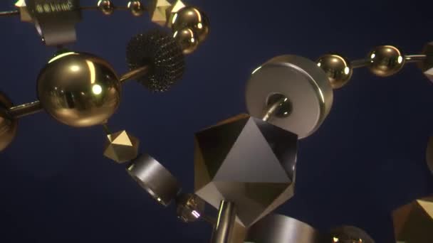 3D动画 由金银线连接的带球体和立方体的戒指 — 图库视频影像