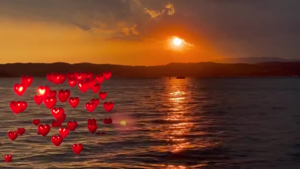 Pôr Sol Lago Garda Com Corações Vermelhos — Vídeo de Stock