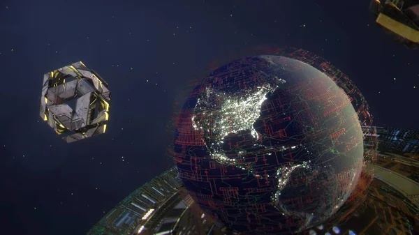 Planet Erde Mit Eingeschaltetem Licht Und Cybersphäre — Stockfoto