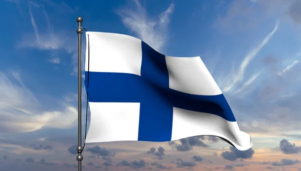 Bandeira Finlândia Soprando Vento Com Fundo Céu — Fotografia de Stock