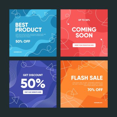 Sosyal medya gönderileri, mobil uygulamalar, afişler, internet veya internet reklamları için indirimli kare afiş şablonu. Geometrik şekilli moda soyut kare şablonu