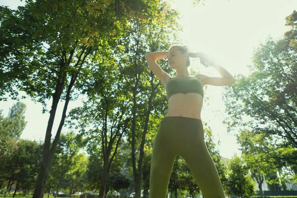 Young Woman Doing Yoga Exercise Outdoor Park Sport Yoga Stock Picture