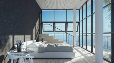 Modern Yatak Odası Tatil ve Yaz İçin İç Deniz Görünümü - 3D görüntüleme