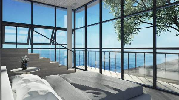 Camera Letto Moderna Vista Mare Interna Vacanze Estate Rendering — Foto Stock