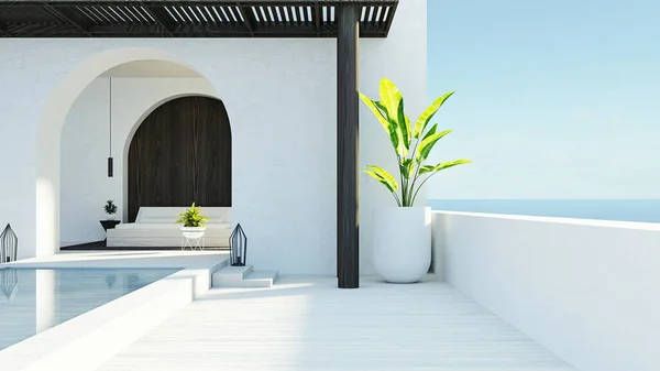 Dormitorio Vista Mar Vida Playa Santorini Island Style Rendering —  Fotos de Stock