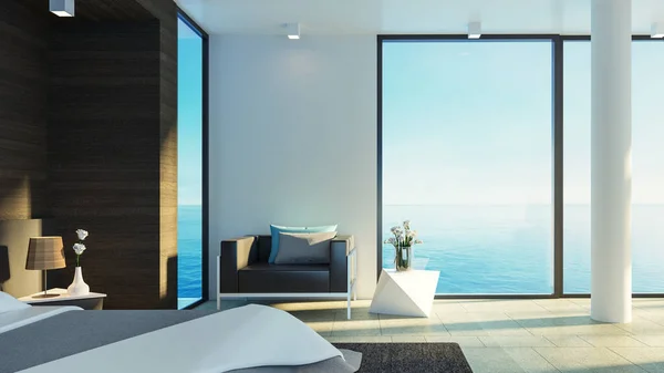 Dormitorio Lujo Moderno Con Vistas Mar Rendering — Foto de Stock