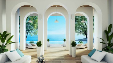 Deniz manzarası ve yaşam için plajdaki lüks ev ve tatil beldesi - 3D görüntüleme