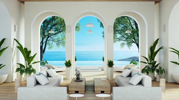 Deniz manzarası ve yaşam için plajdaki lüks ev ve tatil beldesi - 3D görüntüleme