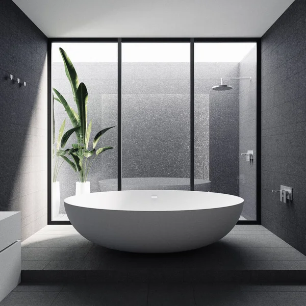 Interior Modern Bathroom Gray Tiles Glass Grey Walls Sink Rendering — Foto Stock