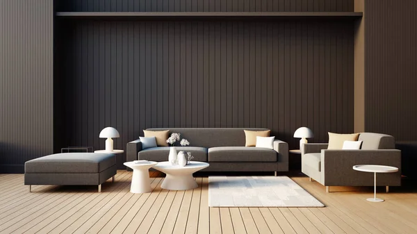 Modern living room and Black - Brown wall background - 3D rendering
