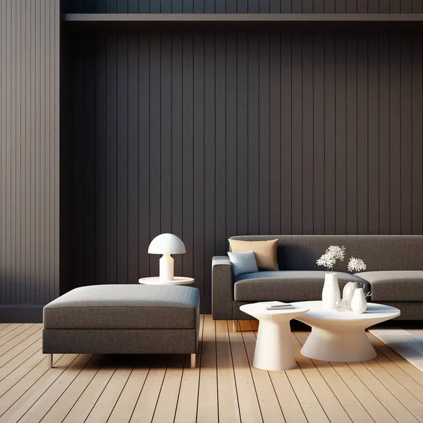 Modern Living Room Black Brown Wall Background Rendering — Stockfoto