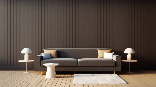 Modern Living Room Black Brown Wall Background Rendering — Stockfoto