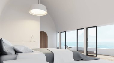 White bedroom luxury modern style and sea view - 3D rendering