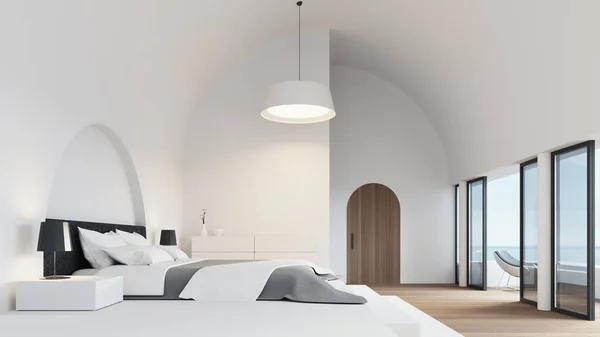 Beyaz Yatak Odası Modern Tarz Deniz Manzarası Görüntüleme Telifsiz Stok Fotoğraflar