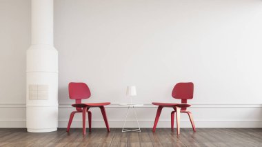 Beyaz oda ve şöminede kırmızı sandalye - 3D görüntüleme