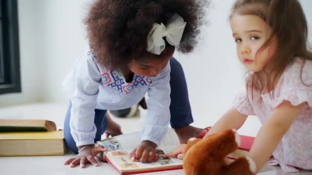 Gündelik giysiler içinde, kitap okuyan ve odada birlikte oynayan sevimli küçük kızlar. — Stok video