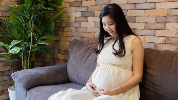 Alegre Asiática Embarazada Hembra Sonriendo Suavemente Tocando Barriga Mientras Sienta —  Fotos de Stock