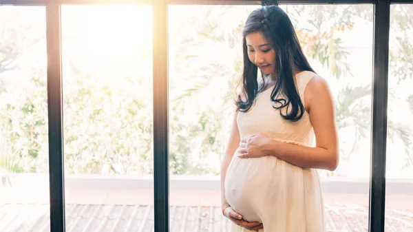 Alegre Asiática Embarazada Hembra Sonriendo Suavemente Tocando Barriga Mientras Sienta —  Fotos de Stock