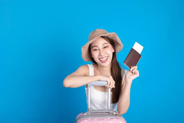 Happy Asian Woman Traveler Sitting Smiling Suitcase Isolated Blue Background — Stock Photo, Image