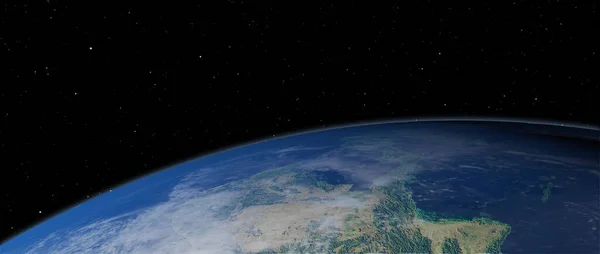 Пейзаж с галактикой Млечный Путь. Земля и Аврора смотрят из космоса с галактикой Млечный Путь. Элементы этого изображения предоставлены НАСА Лицензионные Стоковые Фото