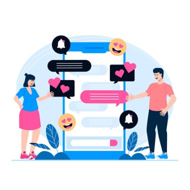 Kadın ve Erkek, cep telefonuyla sosyal medya buluşmalarıyla birbirlerini selamlıyorlar