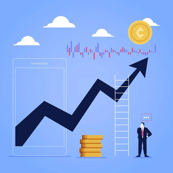 İş adamı cep telefonu konseptli merdivenin yanında kripto para birimi düşünüyor.