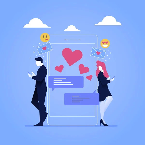 Erkek ve Kadın Cep Telefonu 'nda Emoji, Baloncuk Mesajı ile Flört Uygulaması Oynuyor