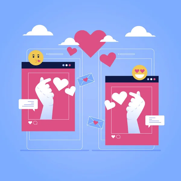 絵文字とバブルテキストで携帯電話のアプリケーションで愛のシンボルを作る2つの手 — ストックベクタ