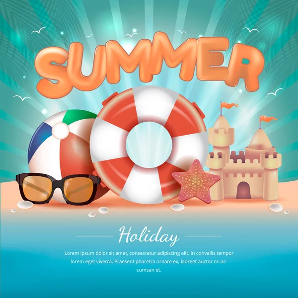 Ρεαλιστικές Καλοκαιρινές Διακοπές Στην Παραλία Μαύρο Eyeglass Beach Ball Ring — Διανυσματικό Αρχείο