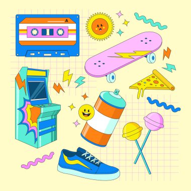 90 'ların Popüler Kültür Çıkartması Çizgi Filmleri Sevimli Resimli Nesneler 