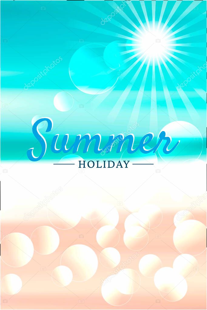 Blue Summer Beach Background with Sunrise and Bokeh Background on the Blue Sky 